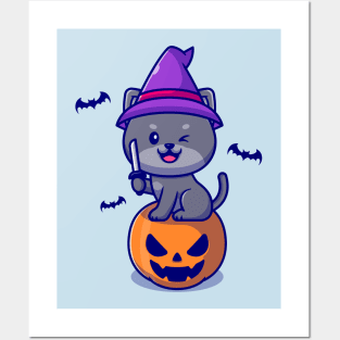 Cute Witch Cat Sitting On Pumpkin Halloween Holding Knife  Cartoon Posters and Art